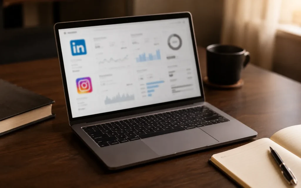 notebook e caderno para revisão estratégica, posicionamento digital